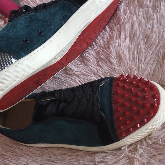 Christian Louboutin Green Suede Spikes Paris Size 40.5 Good Condition No Bx - Picture 5 of 12